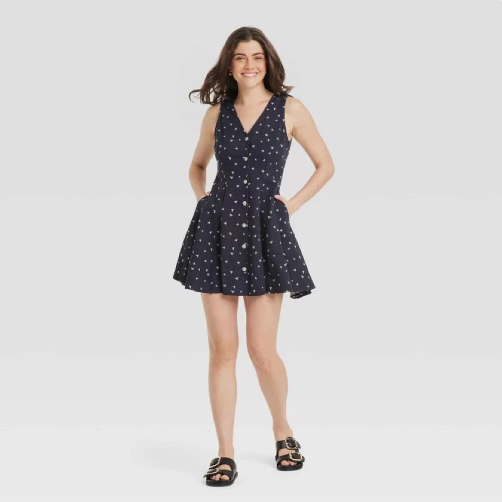 new Navy Floral Sz XL Universal Thread Women's Button-Front Godet Mini Dress